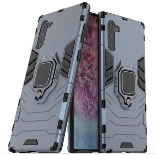 Black Panther Armor Metal Ring Grip Shockproof Dual Layer Rugged Hard Cover for Samsung Galaxy Note 10 (6.28 inch) / Note10 5G - Blue