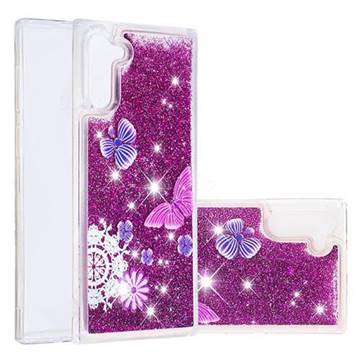 Purple Flower Butterfly Dynamic Liquid Glitter Quicksand Soft TPU Case for Samsung Galaxy Note 10 (6.28 inch) / Note10 5G