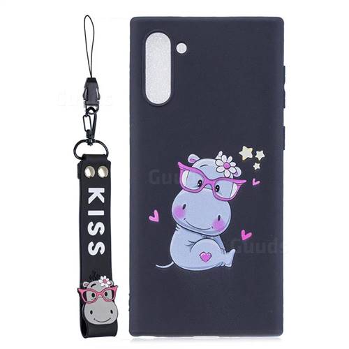 Black Flower Hippo Soft Kiss Candy Hand Strap Silicone Case for Samsung Galaxy Note 10 (6.28 inch) / Note10 5G