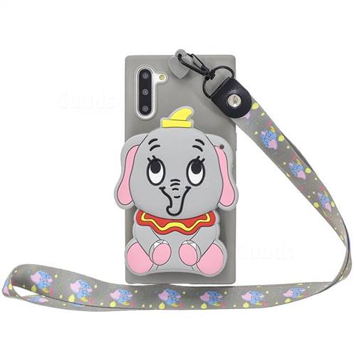 Gray Elephant Neck Lanyard Zipper Wallet Silicone Case for Samsung Galaxy Note 10 (6.28 inch) / Note10 5G