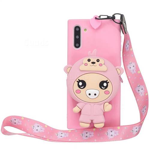 Pink Pig Neck Lanyard Zipper Wallet Silicone Case for Samsung Galaxy Note 10 (6.28 inch) / Note10 5G