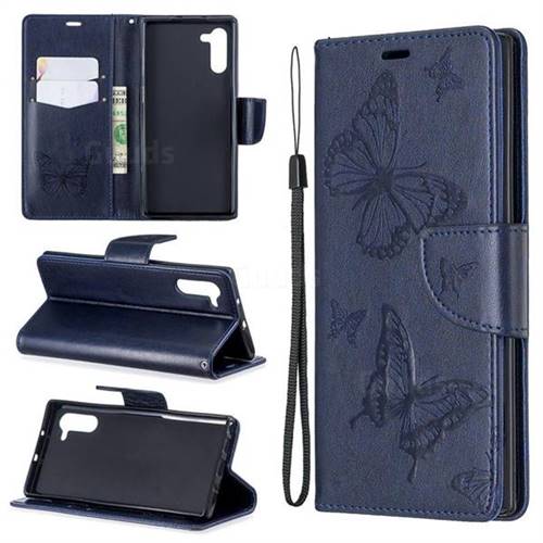 Embossing Double Butterfly Leather Wallet Case for Samsung Galaxy Note 10 (6.28 inch) / Note10 5G - Dark Blue