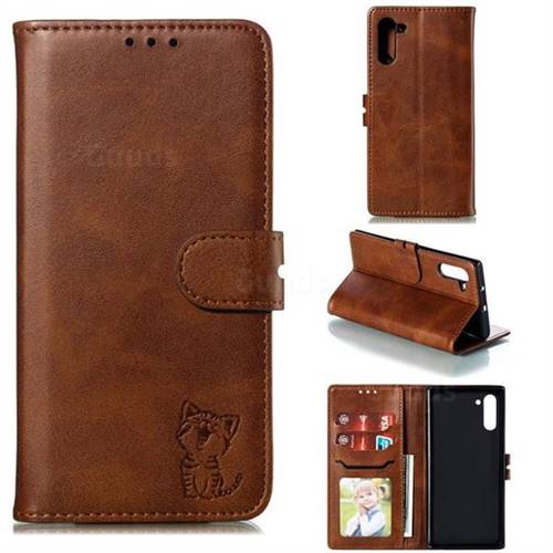 Embossing Happy Cat Leather Wallet Case for Samsung Galaxy Note 10 (6.28 inch) / Note10 5G - Brown