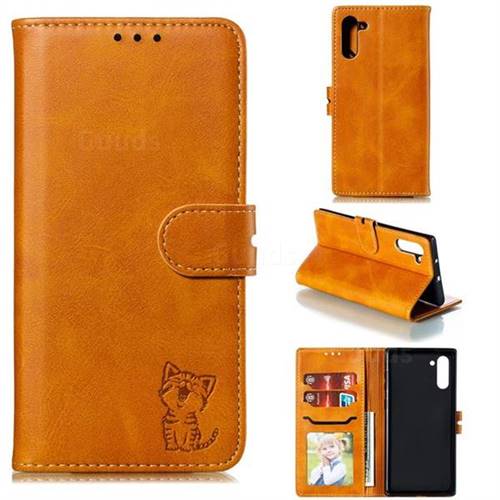 Embossing Happy Cat Leather Wallet Case for Samsung Galaxy Note 10 (6.28 inch) / Note10 5G - Yellow