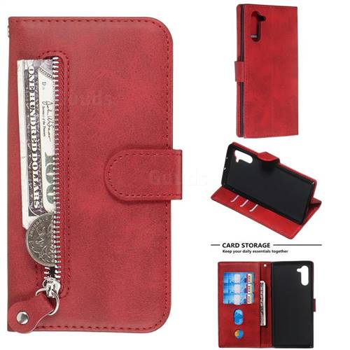 Retro Luxury Zipper Leather Phone Wallet Case for Samsung Galaxy Note 10 (6.28 inch) / Note10 5G - Red