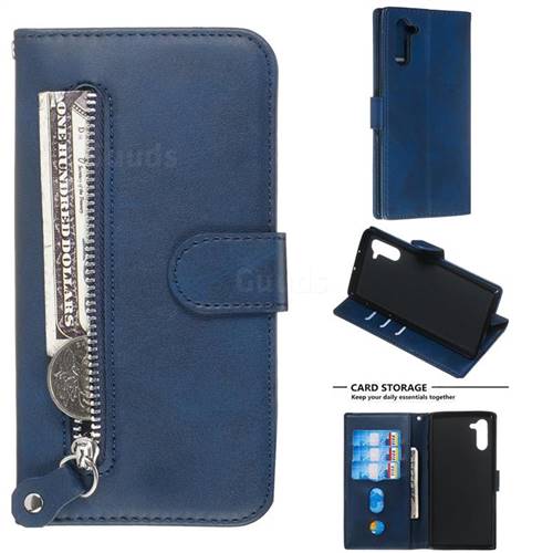 Retro Luxury Zipper Leather Phone Wallet Case for Samsung Galaxy Note 10 (6.28 inch) / Note10 5G - Blue
