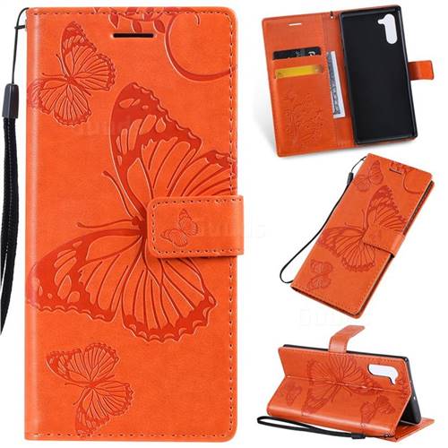 Embossing 3D Butterfly Leather Wallet Case for Samsung Galaxy Note 10 (6.28 inch) / Note10 5G - Orange