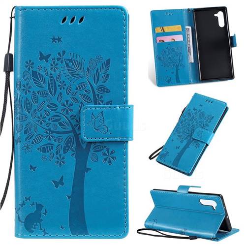 Embossing Butterfly Tree Leather Wallet Case for Samsung Galaxy Note 10 (6.28 inch) / Note10 5G - Blue