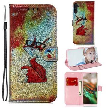 Glasses Fox Laser Shining Leather Wallet Phone Case for Samsung Galaxy Note 10 (6.28 inch) / Note10 5G
