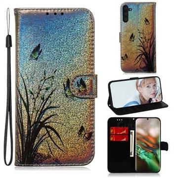 Butterfly Orchid Laser Shining Leather Wallet Phone Case for Samsung Galaxy Note 10 (6.28 inch) / Note10 5G