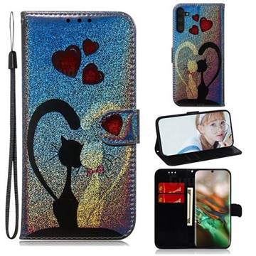 Love Cat Laser Shining Leather Wallet Phone Case for Samsung Galaxy Note 10 (6.28 inch) / Note10 5G