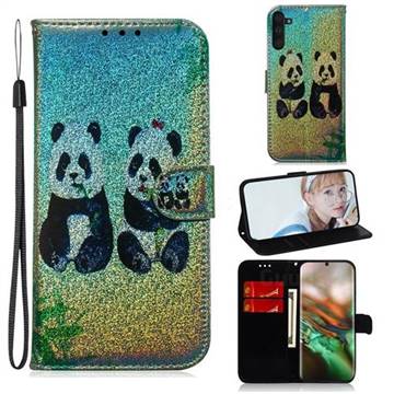 Two Pandas Laser Shining Leather Wallet Phone Case for Samsung Galaxy Note 10 (6.28 inch) / Note10 5G