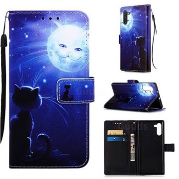Cat and Moon Matte Leather Wallet Phone Case for Samsung Galaxy Note 10 (6.28 inch) / Note10 5G