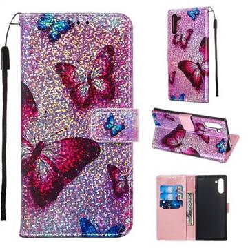 Blue Butterfly Sequins Painted Leather Wallet Case for Samsung Galaxy Note 10 (6.28 inch) / Note10 5G