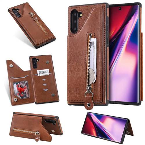 Retro Buckle Zipper Anti-fall Leather Phone Back Cover for Samsung Galaxy Note 10 (6.28 inch) / Note10 5G - Brown