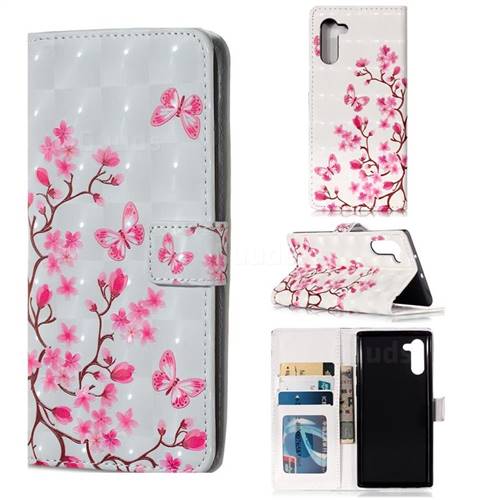 Butterfly Sakura Flower 3D Painted Leather Phone Wallet Case for Samsung Galaxy Note 10 (6.28 inch) / Note10 5G
