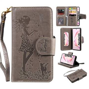 Embossing Cat Girl 9 Card Leather Wallet Case for Samsung Galaxy Note 10 (6.28 inch) / Note10 5G - Gray