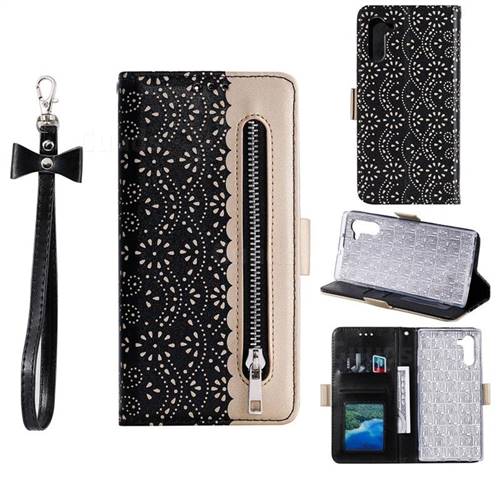 Luxury Lace Zipper Stitching Leather Phone Wallet Case for Samsung Galaxy Note 10 (6.28 inch) / Note10 5G - Black