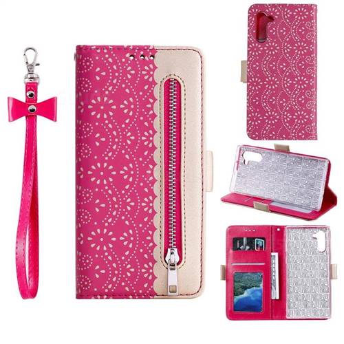 Luxury Lace Zipper Stitching Leather Phone Wallet Case for Samsung Galaxy Note 10 (6.28 inch) / Note10 5G - Rose