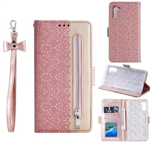 Luxury Lace Zipper Stitching Leather Phone Wallet Case for Samsung Galaxy Note 10 (6.28 inch) / Note10 5G - Pink