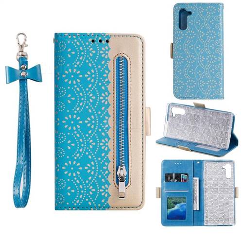 Luxury Lace Zipper Stitching Leather Phone Wallet Case for Samsung Galaxy Note 10 (6.28 inch) / Note10 5G - Blue