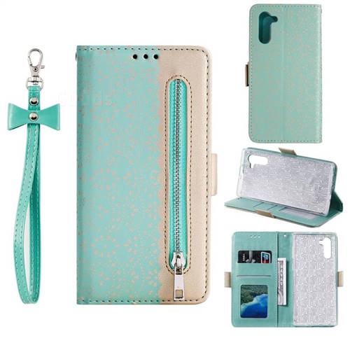 Luxury Lace Zipper Stitching Leather Phone Wallet Case for Samsung Galaxy Note 10 (6.28 inch) / Note10 5G - Green