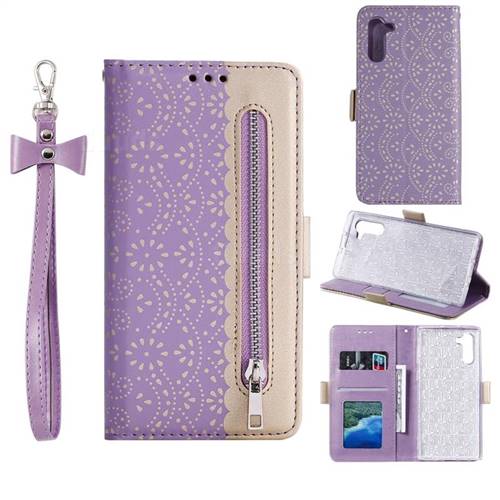 Luxury Lace Zipper Stitching Leather Phone Wallet Case for Samsung Galaxy Note 10 (6.28 inch) / Note10 5G - Purple