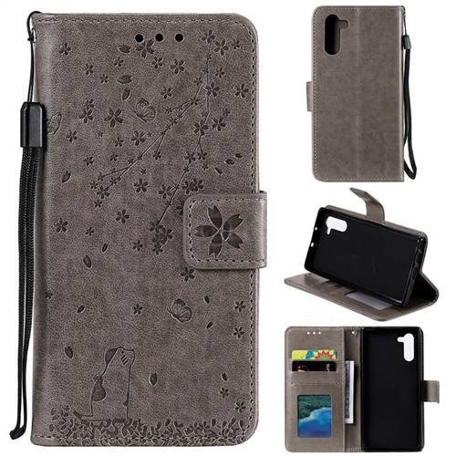 Embossing Cherry Blossom Cat Leather Wallet Case for Samsung Galaxy Note 10 (6.28 inch) / Note10 5G - Gray