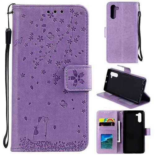 Embossing Cherry Blossom Cat Leather Wallet Case for Samsung Galaxy Note 10 (6.28 inch) / Note10 5G - Purple