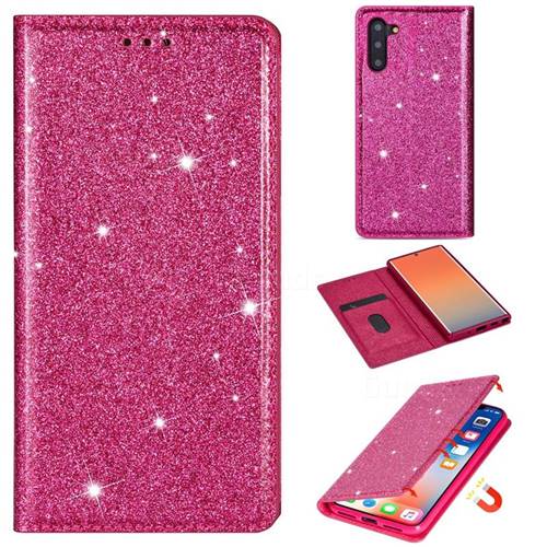 Ultra Slim Glitter Powder Magnetic Automatic Suction Leather Wallet Case for Samsung Galaxy Note 10 (6.28 inch) / Note10 5G - Rose Red
