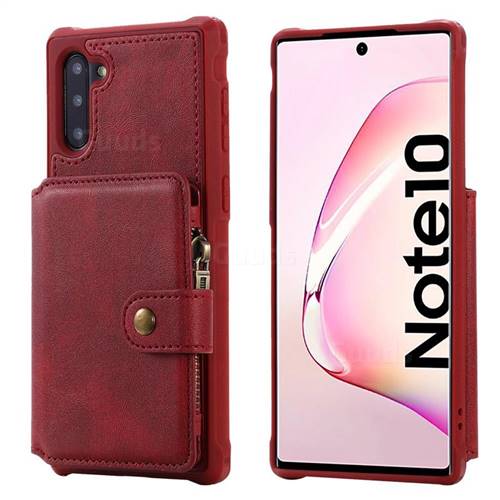 Retro Luxury Multifunction Zipper Leather Phone Back Cover for Samsung Galaxy Note 10 (6.28 inch) / Note10 5G - Red