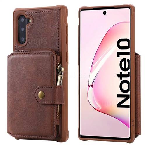 Retro Luxury Multifunction Zipper Leather Phone Back Cover for Samsung Galaxy Note 10 (6.28 inch) / Note10 5G - Coffee