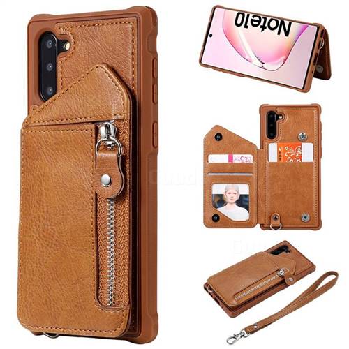 Classic Luxury Buckle Zipper Anti-fall Leather Phone Back Cover for Samsung Galaxy Note 10 (6.28 inch) / Note10 5G - Brown
