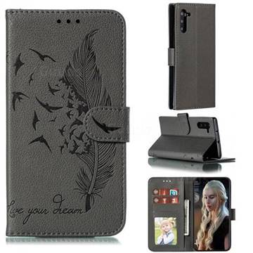 Intricate Embossing Lychee Feather Bird Leather Wallet Case for Samsung Galaxy Note 10 (6.28 inch) / Note10 5G - Gray