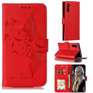 Intricate Embossing Lychee Feather Bird Leather Wallet Case for Samsung Galaxy Note 10 (6.28 inch) / Note10 5G - Red