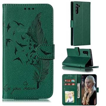Intricate Embossing Lychee Feather Bird Leather Wallet Case for Samsung Galaxy Note 10 (6.28 inch) / Note10 5G - Green