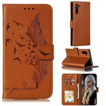 Intricate Embossing Lychee Feather Bird Leather Wallet Case for Samsung Galaxy Note 10 (6.28 inch) / Note10 5G - Brown