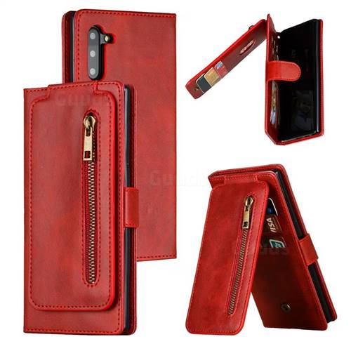 Multifunction 9 Cards Leather Zipper Wallet Phone Case for Samsung Galaxy Note 10 (6.28 inch) / Note10 5G - Red