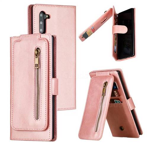 Multifunction 9 Cards Leather Zipper Wallet Phone Case for Samsung Galaxy Note 10 (6.28 inch) / Note10 5G - Rose Gold