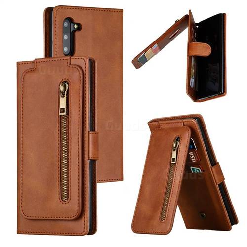 Multifunction 9 Cards Leather Zipper Wallet Phone Case for Samsung Galaxy Note 10 (6.28 inch) / Note10 5G - Brown