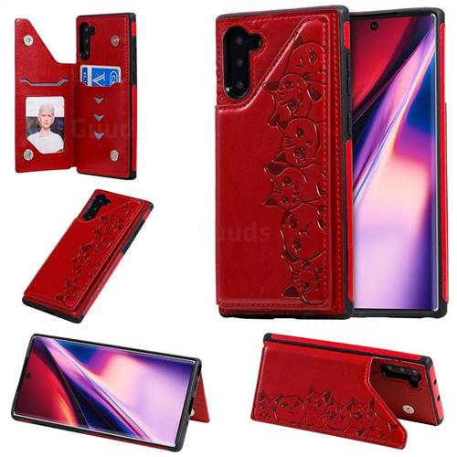 Yikatu Luxury Cute Cats Multifunction Magnetic Card Slots Stand Leather Back Cover for Samsung Galaxy Note 10 (6.28 inch) / Note10 5G - Red