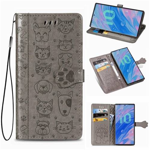 Embossing Dog Paw Kitten and Puppy Leather Wallet Case for Samsung Galaxy Note 10 (6.28 inch) / Note10 5G - Gray
