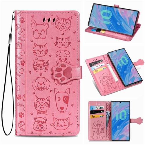Embossing Dog Paw Kitten and Puppy Leather Wallet Case for Samsung Galaxy Note 10 (6.28 inch) / Note10 5G - Pink