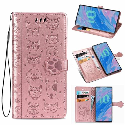 Embossing Dog Paw Kitten and Puppy Leather Wallet Case for Samsung Galaxy Note 10 (6.28 inch) / Note10 5G - Rose Gold