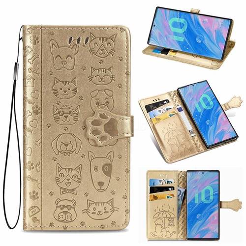 Embossing Dog Paw Kitten and Puppy Leather Wallet Case for Samsung Galaxy Note 10 (6.28 inch) / Note10 5G - Champagne Gold