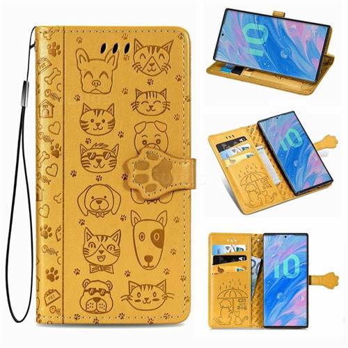Embossing Dog Paw Kitten and Puppy Leather Wallet Case for Samsung Galaxy Note 10 (6.28 inch) / Note10 5G - Yellow