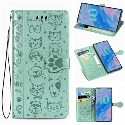 Embossing Dog Paw Kitten and Puppy Leather Wallet Case for Samsung Galaxy Note 10 (6.28 inch) / Note10 5G - Green