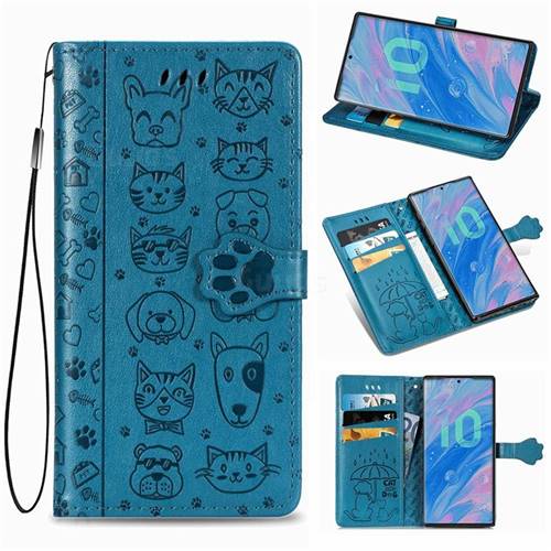 Embossing Dog Paw Kitten and Puppy Leather Wallet Case for Samsung Galaxy Note 10 (6.28 inch) / Note10 5G - Blue