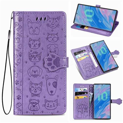 Embossing Dog Paw Kitten and Puppy Leather Wallet Case for Samsung Galaxy Note 10 (6.28 inch) / Note10 5G - Purple