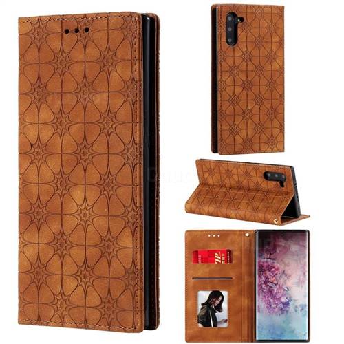 Intricate Embossing Four Leaf Clover Leather Wallet Case for Samsung Galaxy Note 10 (6.28 inch) / Note10 5G - Yellowish Brown